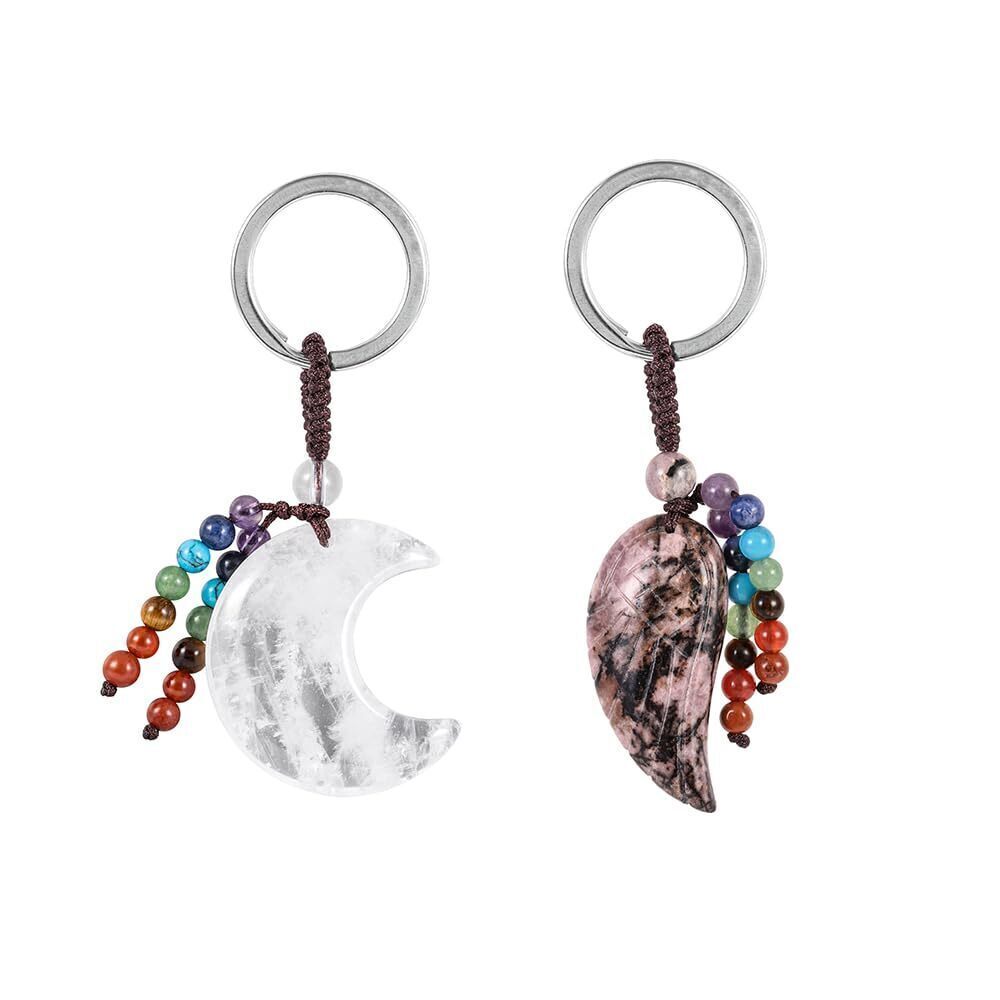 5904 Natural Rock Quartz Crystal Crescent Moon Keychain & Reiki Healing